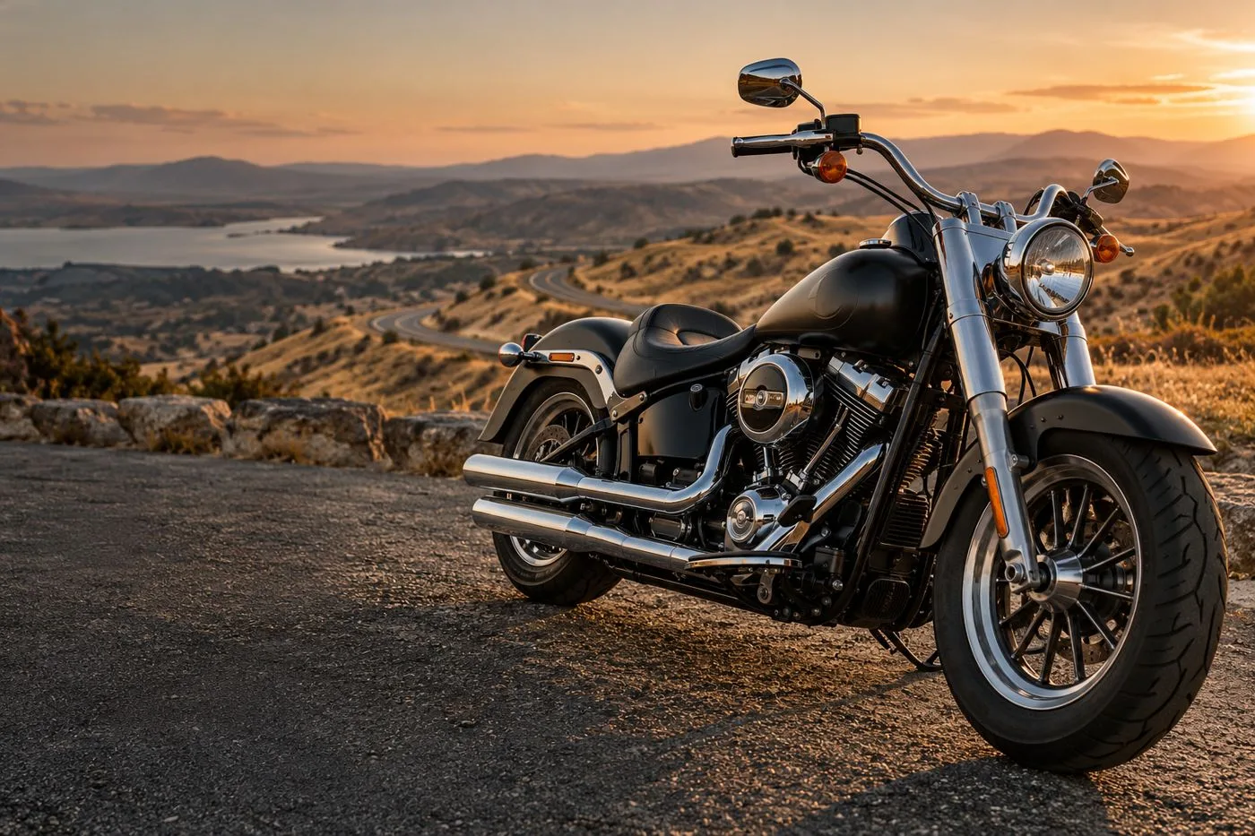 Harley-Davidson cruiser on a mountain road at sunset