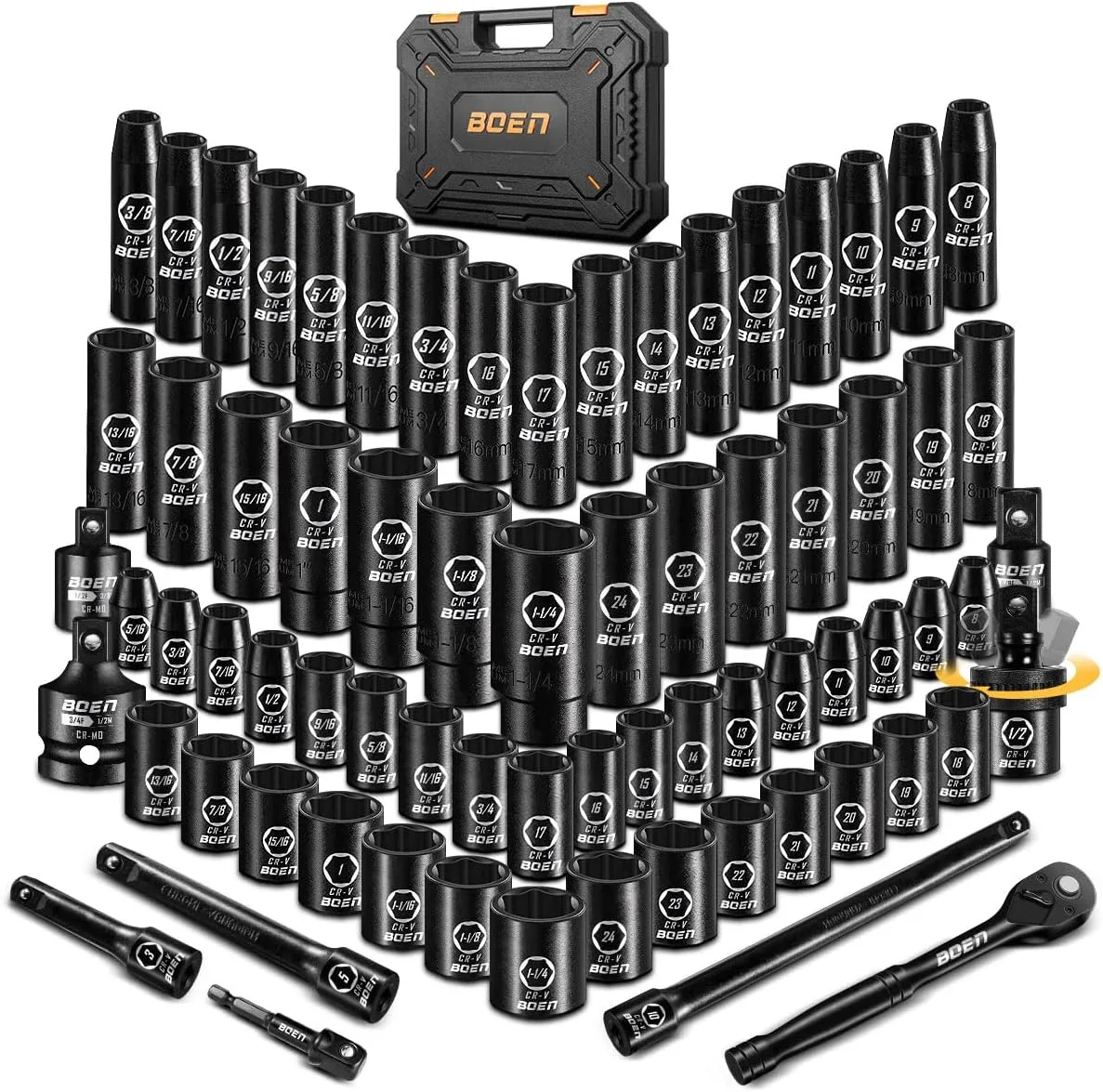 BOEN 1/2 in Drive Impact Socket Set, 72 Piece, SAE to 1-1/4 in